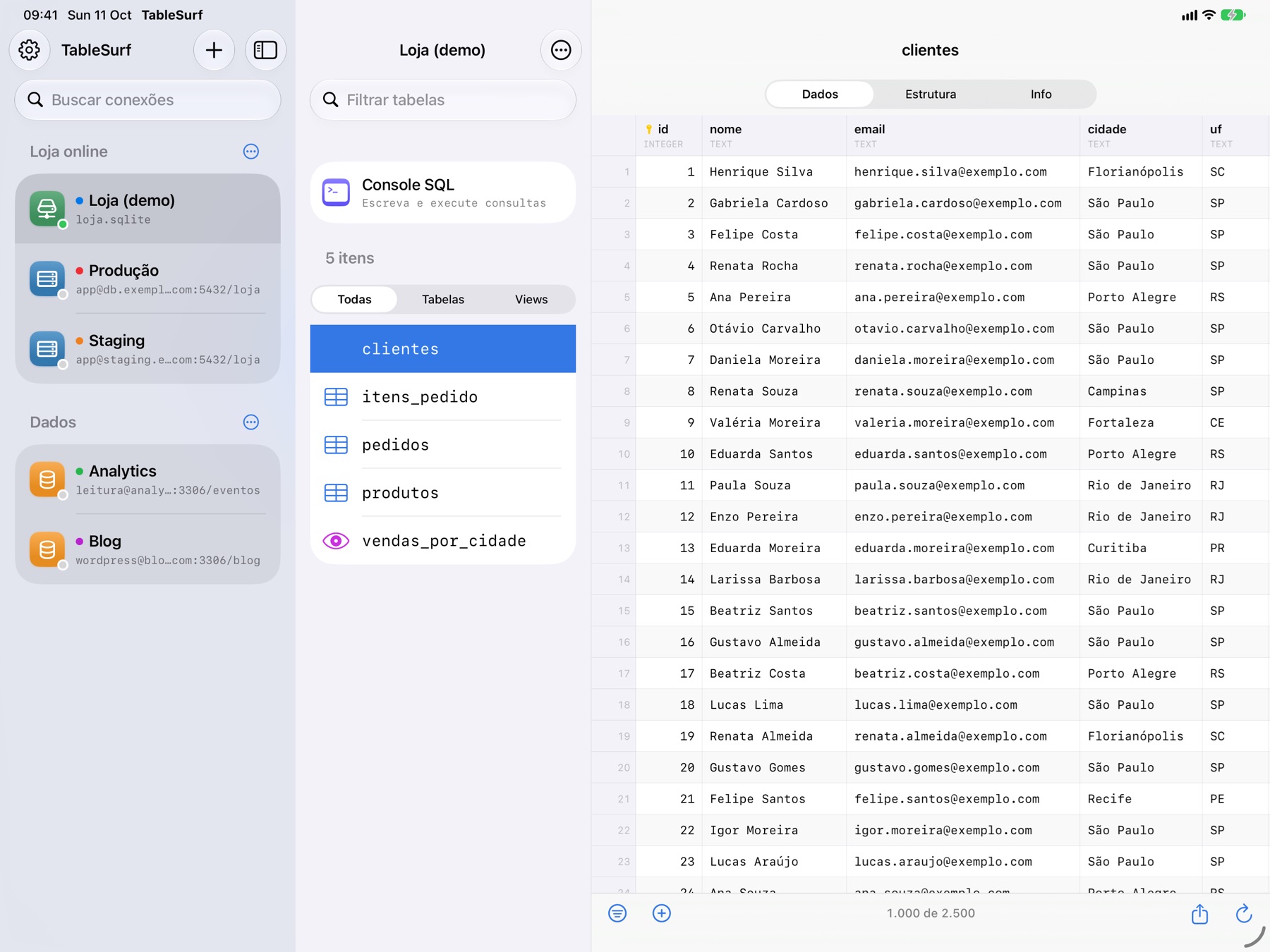 TableSurf no iPad, em três colunas