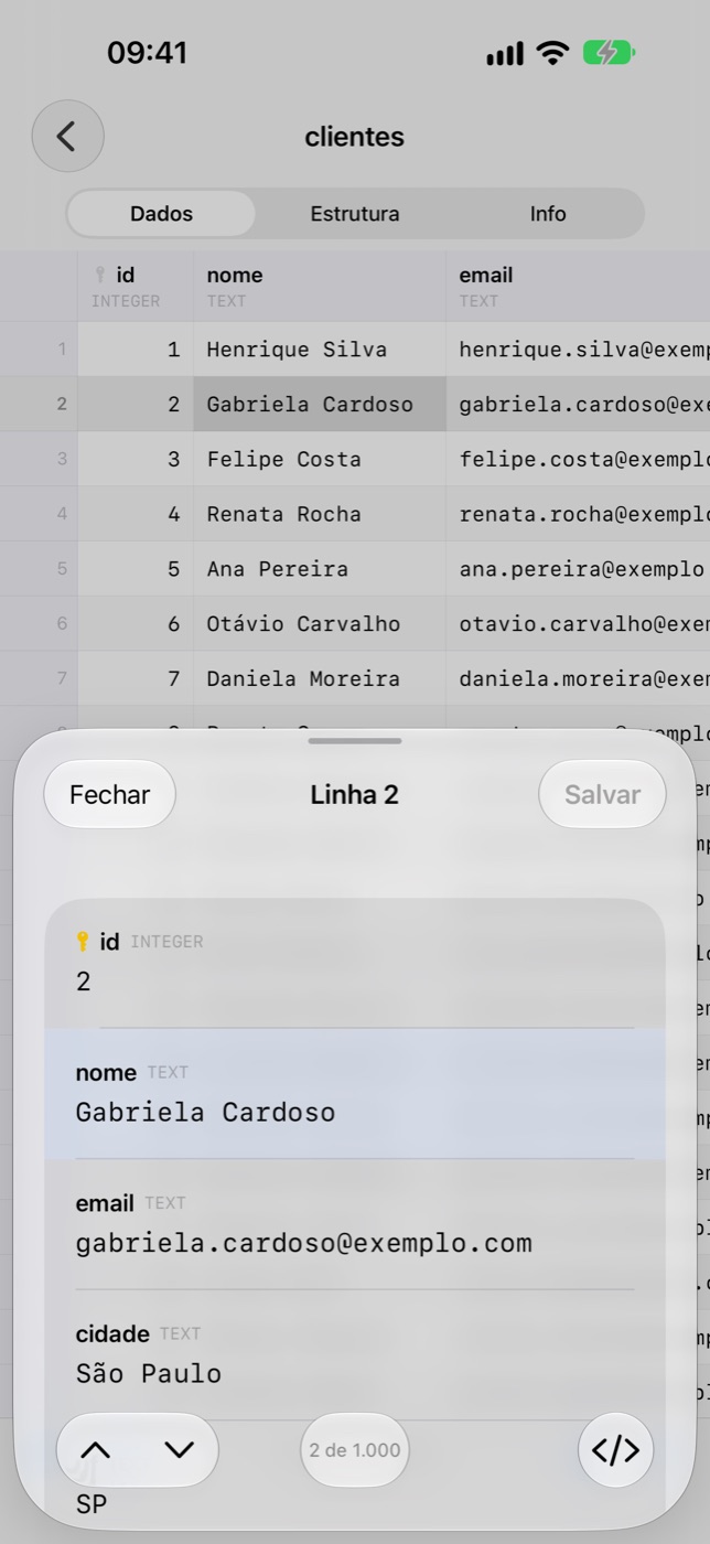 Linha aberta como formulário no iPhone