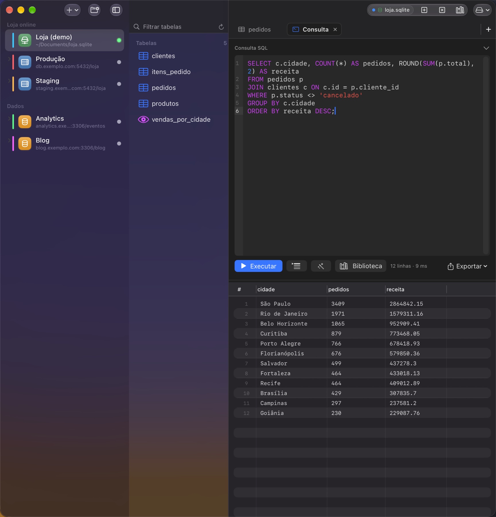 Console SQL do TableSurf no Mac, com resultado agrupado por cidade